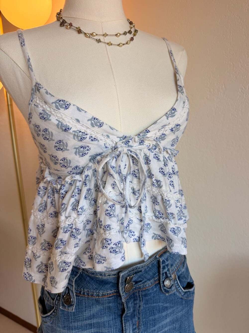 Urban Outfitters Floral Print Ruffle Lace Trim Babydoll Cami Top